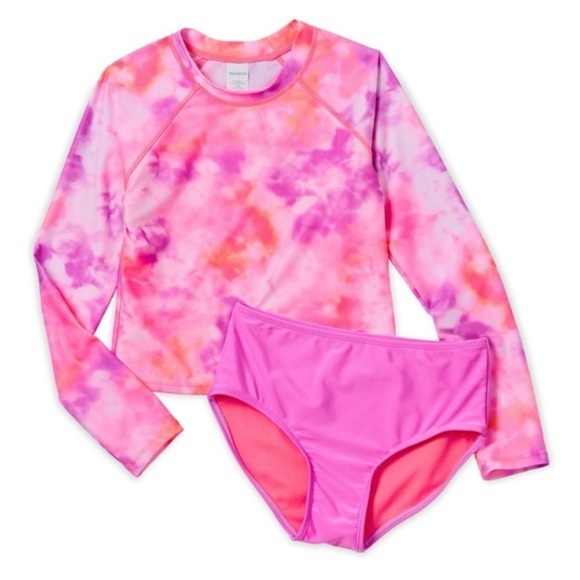 Thereabouts Girls' Pink Tie-Dye Rash Guard 2 Piece Bathing Suit Set - Picture 1 of 11
